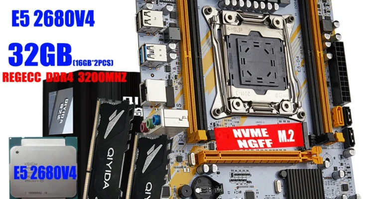 QIYIDA 마더보드 LGA 2011-3 세트 키트, Xeon E5 2680 V4 CPU 프로세서, 32G = 2*16G DDR4 REG ECC RAM 메모리 이름 M.2